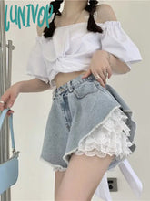 Lunivop Women Light Blue Patchwork Lace Denim Shorts Vintage High Waist A-Line Jeans Y2K Baggy